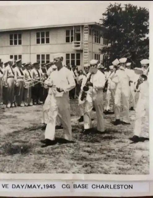 Tony Agresta in a Coast Guard band in Charleston, N.C., marches during Victory in Europe (VE) Day, May 8, 1945. Photo courtesy of the Agresta family.
