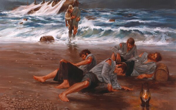 1.	Painting by Hodges Soileau of Surfman Rasmus Midgett’s single-handed rescue of the crew of the barkentine Priscilla. (Coast Guard Collection)