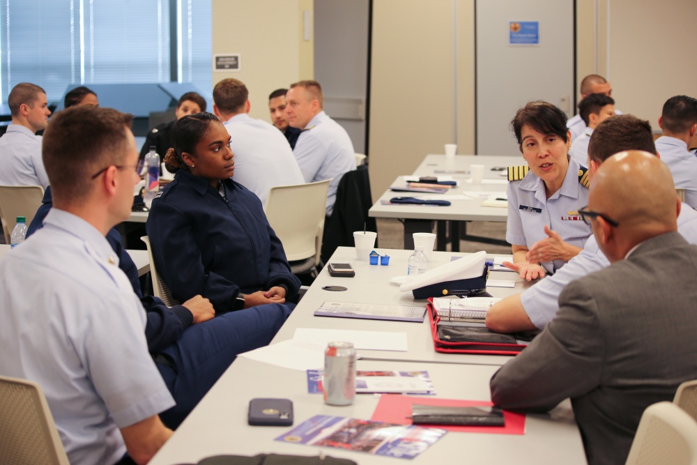 Personnel receive mentoring at the Association for Naval Officer’s (ANSO) Western Region Symposium at Sector Houston-Galveston, in Houston, Texas, March 2, 2020. Commissioned and enlisted members from the U.S. Coast Guard and U.S. Navy attended to learn, share, and discuss topics on diversity, retention, and leadership within the maritime services as well as receive mentoring and one-on-one sessions with members of ANSO's Board of Directors. (U.S. Coast Guard photo by Petty Officer 3rd Class Paige Hause)