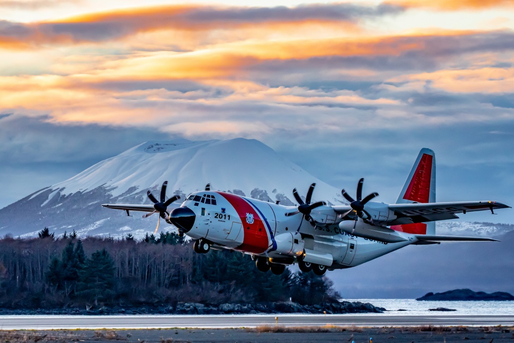 A Coast Guard Air Station Kodiak HC-130 Hercules aircrew takes off from an airstrip in Sitka, Alaska, Nov. 16, 2020. The Kodiak aircrew delivered aircraft parts. Courtesy photo by Don Kluting.