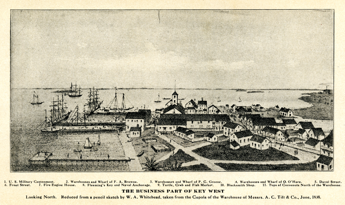 Engraving of Key West looking to the north toward the harbor and commercial center in 1838. [From “Key West: The Old and the New” (Browne, 1912)]
