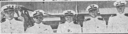 Faded newspaper article photo showing Lt. Henry Garcia (second from left) in dress whites with the officer corps on board Coast Guard cutter Shoshone. (Honolulu Advertiser)