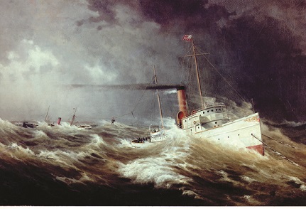 A contemporary painting recounting Cutter Snohomish’s daring rescue of the crew of steamer Nika. (U.S. Coast Guard Collection)
