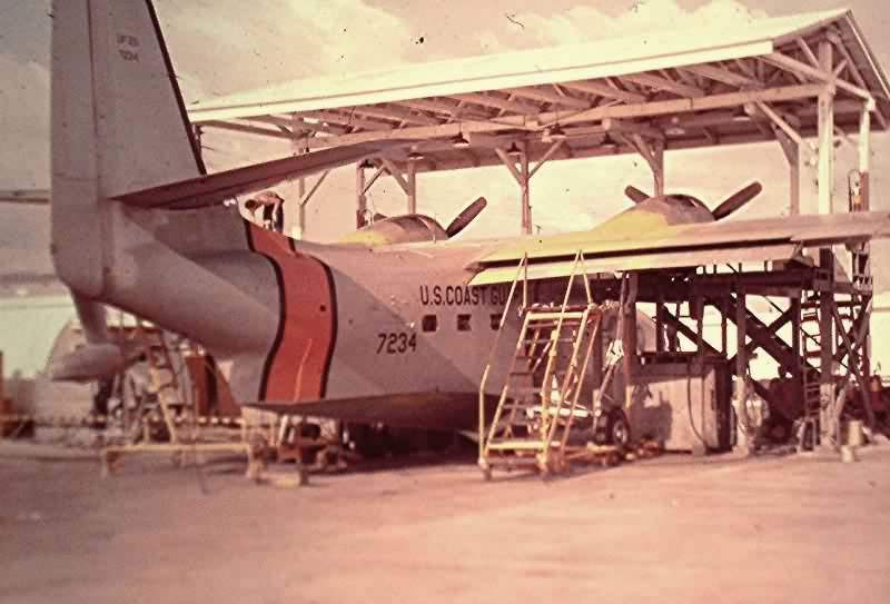 Albatross #7234 in one of the nose-dock shops at Coast Guard air station detachment Sangley Point. (USCG Aviation Association) 