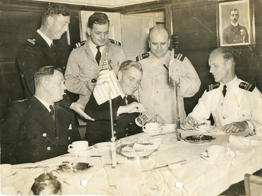 First Officer Knud Langevad, seated center, celebrates his 33rd birthday in September 1940 on board the Danmark in Jacksonville, Florida. (Courtesy of the Langevad family)