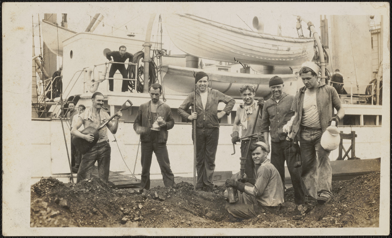 Crewmembers of the Coast Guard Cutter Manning take a break from “coaling ship” in 1926.  The Manning was built in 1898 at a time when coal-fired steam plants were still the major source of maritime propulsion. (digitalcommonwealth.org)