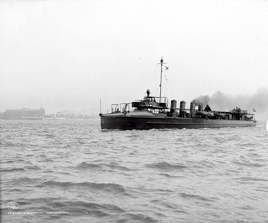 Image of the destroyer USS MacDonough underway. With little sheltered deck area, this pre-war design was ill suited to heavy weather operations. (Courtesy of Library of Congress)