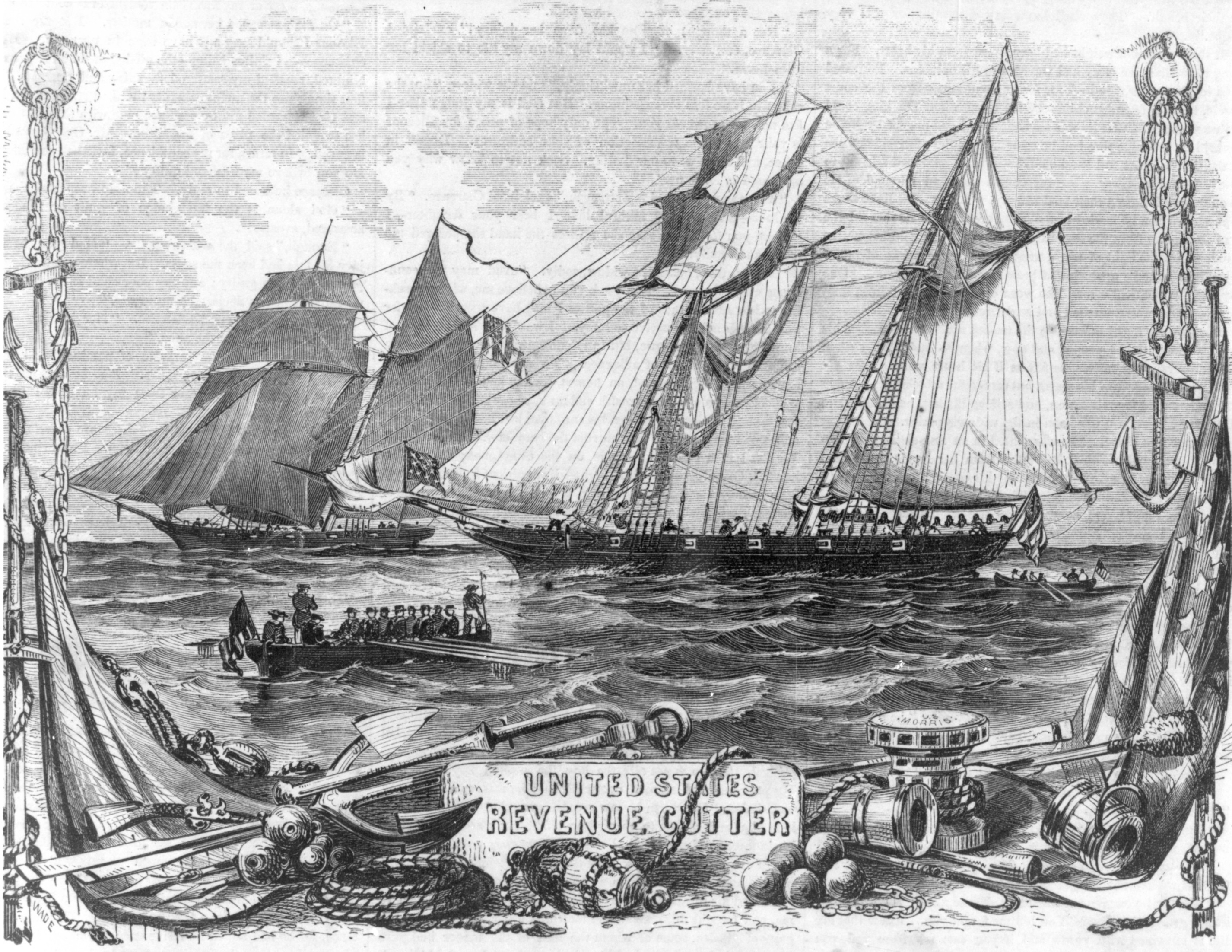 Engraving showing the Revenue Cutter Morris before her loss in the 1846 hurricane. (Source of engraving unknown)