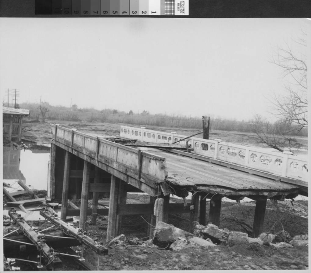 4.	Bridge washed out by the wall of water that cascaded into Yuba City on December 24, 1955. (calisphere.org)