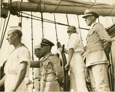 First Officer Knud Langevad, center, and Captain Knud Hansen, far right, with cadets on board the Danmark. (Courtesy of the Langevad family)