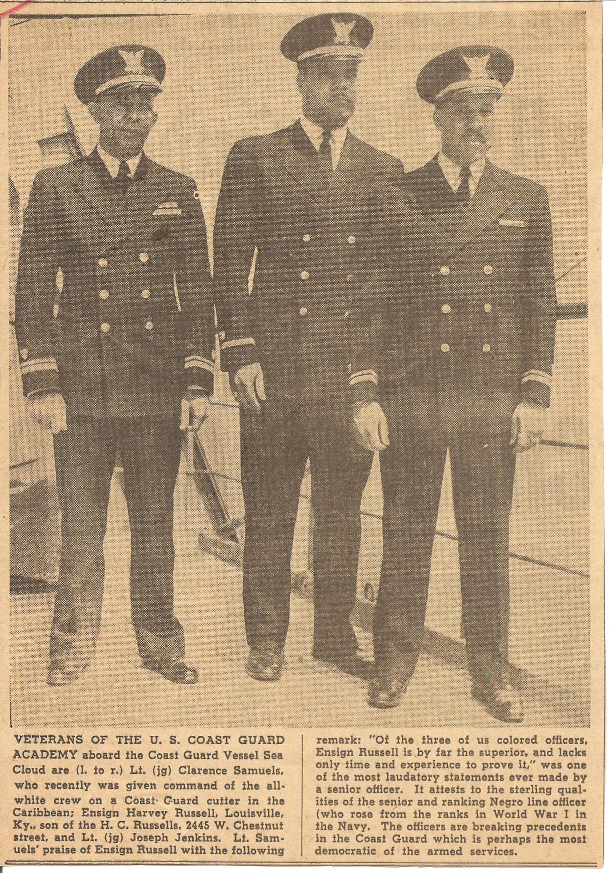 5.	Newspaper image of Sea Cloud’s African American officers. They include from left to right, direct commission from enlisted officer Clarence Samuels, and ROTC officers Harvey Russell and Joseph Jenkins. (Courtesy of the Harvey Russell Family)