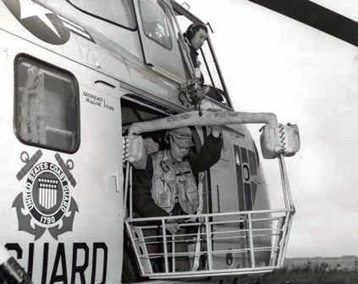 6.	A close-up photo of the rescue basket fitted to a HO4S-3G helicopter. (Coast Guard Aviation Association)