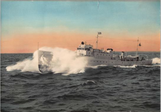 6.	Colorized photograph of the new 165-foot “B”-Class cutter Thetis. Considered one of the most successful coastal cutter designs, the Thetis and its sisterships were also very successful in World War II as coastal escort vessels. (U.S. Coast Guard)