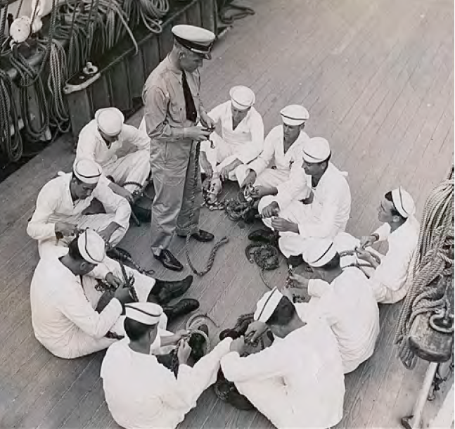 First Officer Knud Langevad instructs American cadets in the fine art of knot tying. (Courtesy of the Langevad family)