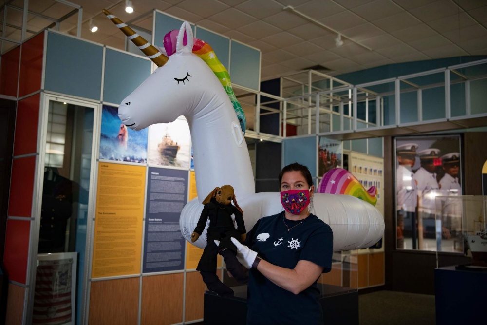 Salty the Rabbit is displayed along with Chucky the Unicorn at the Coast Guard Museum at the Coast Guard Academy in New London, Connecticut, Oct. 1, 2020. The unicorn comes to the museum from the Coast Guard Cutter Kimball shark attack that occured earlier in the year. The unicorn joins several other ‘mascots’ at the museum including Salty, a toy rabbit from the WWII-era Coast Guard Cutter Ingham. (U.S. Coast Guard photo by PA3 Matthew Thieme)