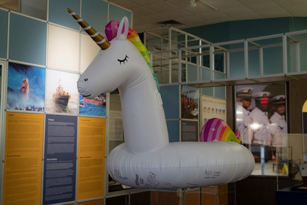 The Coast Guard Museum at the Coast Guard Academy in New London, Connecticut, proudly displays the blown up unicorn float Oct. 1, 20202. The unicorn comes to the museum from the Coast Guard Cutter Kimball shark attack that occured earlier in the year. The unicorn joins several other ‘mascots’ at the museum including Salty, a toy rabbit from the WWII-era Coast Guard Cutter Ingham. (U.S. Coast Guard photo by PA3 Matthew Thieme )
