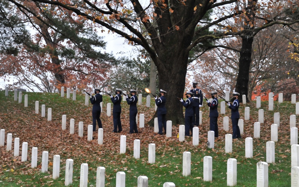 An all-female firing party of the U.S. Coast Guard Ceremonial Honor Guard fires a three-volley gun salute during Capt. Eleanor L'Ecuyer's full military honors burial at Arlington National Cemetery, Virginia, Nov. 12, 2020. L'Ecuyer was one the first female direct commissioned officers in the Coast Guard and was helped to pave the way for women in the Coast Guard today. (U.S. Coast Guard Photo by Petty Officer 2nd Class Brian McCrum)