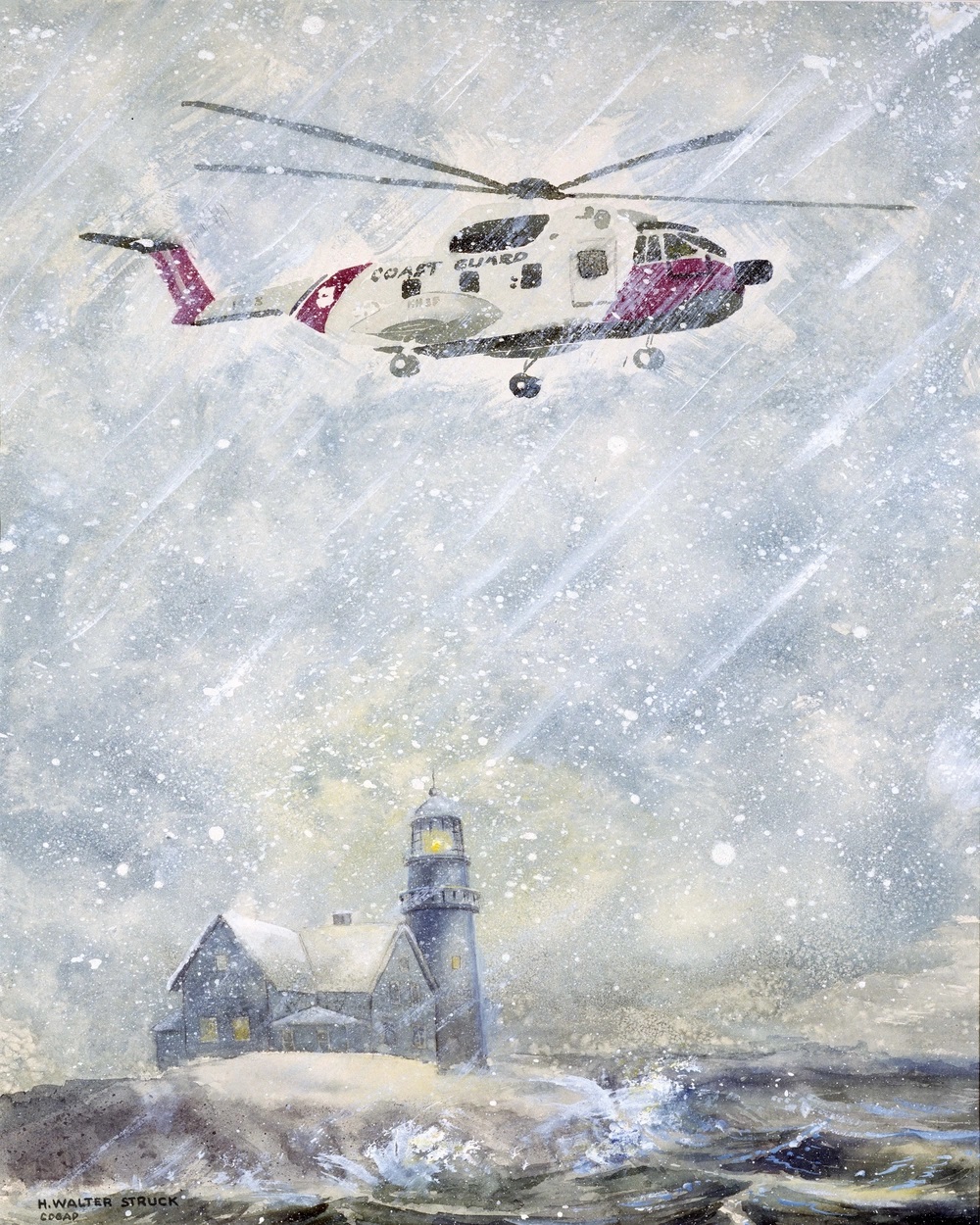 Defying a blinding snow storm, a Coast Guard HH-3 "Pelican" helicopter searches for distressed mariners off Elizabeth City, North Carolina. The beacon of a lighthouse fights to pierce the blanket of white. The HH-3 was the last of the Coast Guard amphibious helicopters. The medium range, twin engine amphibian carried a sophisticated rotary wing avionics package, cruised at 120 knots, and was capable of reaching 142 knots. It had a normal crew of pilot, co-pilot, navigator, flight mechanic, and could carry up to twenty passengers.