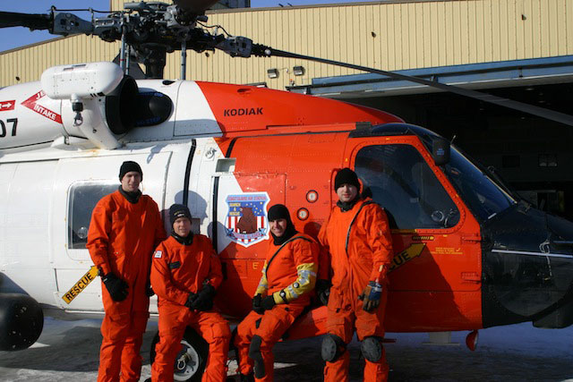 The heroic aircrew of the St. Paul Island-based HH-60 photographed in front of their helicopter after the epic Alaska Ranger rescue. Pictured are Lt. Brian McLaughlin, Lt. Steve Bonn, flight mechanic Petty Officer 2nd Class Robert DeBolt, and rescue swimmer Petty Officer 2nd Class O’Brien Hollow. (U.S. Coast Guard)