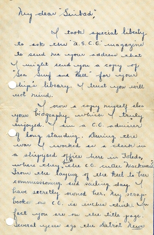 Letter handwritten by Ms. Kornet to Sinbad in 1947. (U.S. Coast Guard)