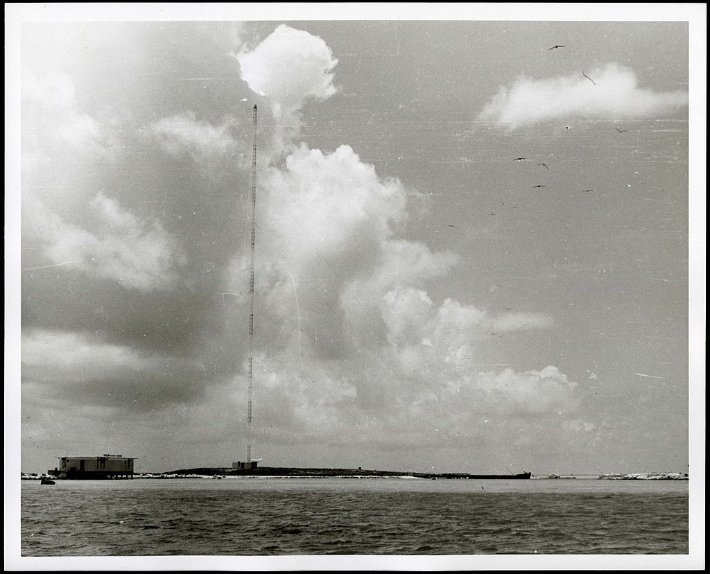 10.	Vintage black and white photograph showing the isolated LORAN station located on tiny Johnston Island in the Pacific. (U.S. Coast Guard)