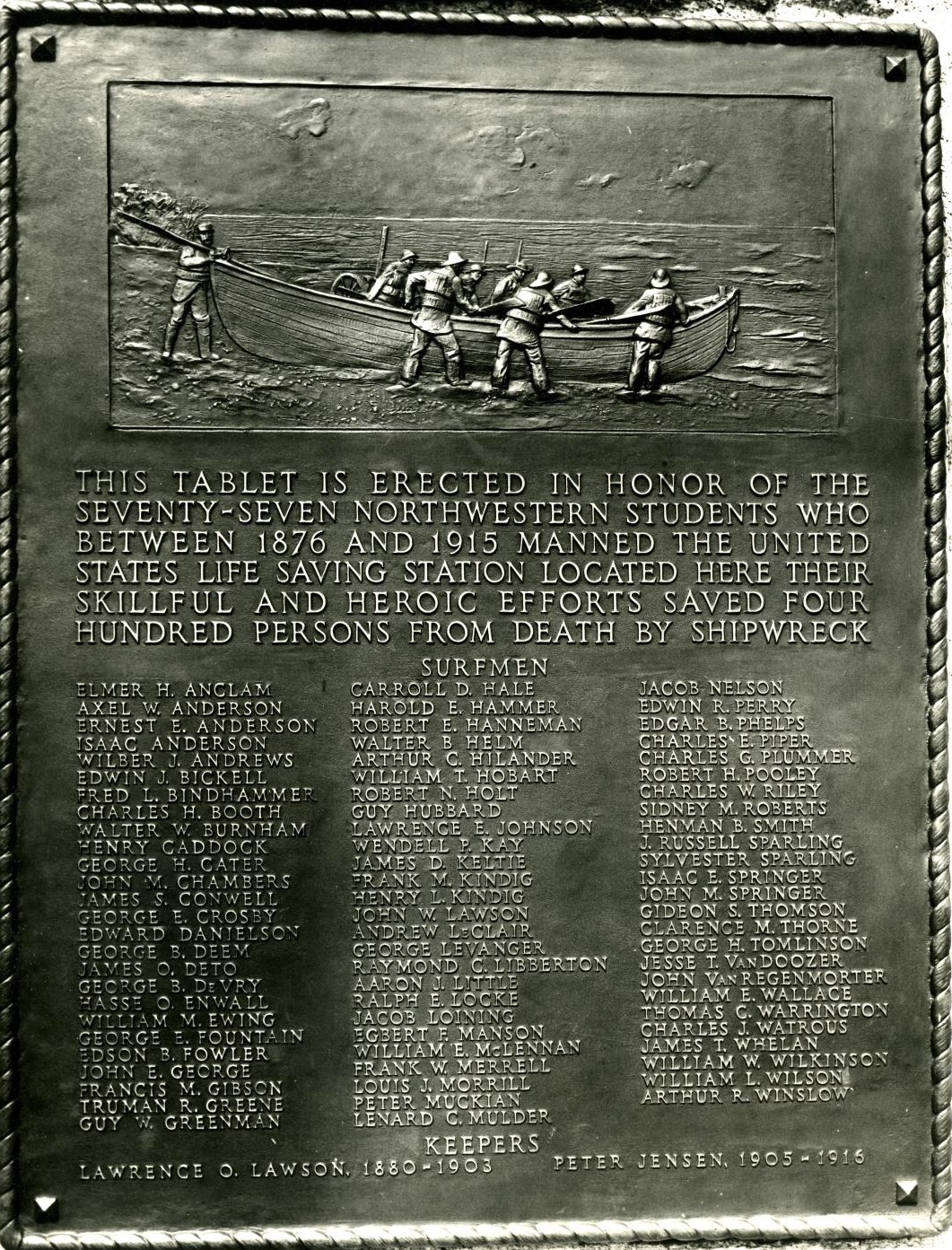 Text of Station Evanston and crew memorial plaque, listing all of the NWU students who served as surfmen. (Courtesy of NWU Deering Library)