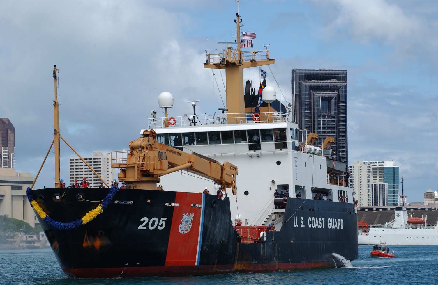 Coast Guard Cutter Walnut returns to homeport in Hawaii following its deployment to the Persian Gulf in 2003. The cutter arrived in the Persian Gulf Feb. 27, 2003, to support U.S. Naval Forces Central Command during Operation Iraqi Freedom.   (Coast Guard Collection)