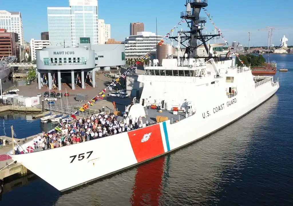 Midgett family members assembled on the bow of their Legend-Class namesake cutter Midgett (WMSL-757). (U.S. Coast Guard)