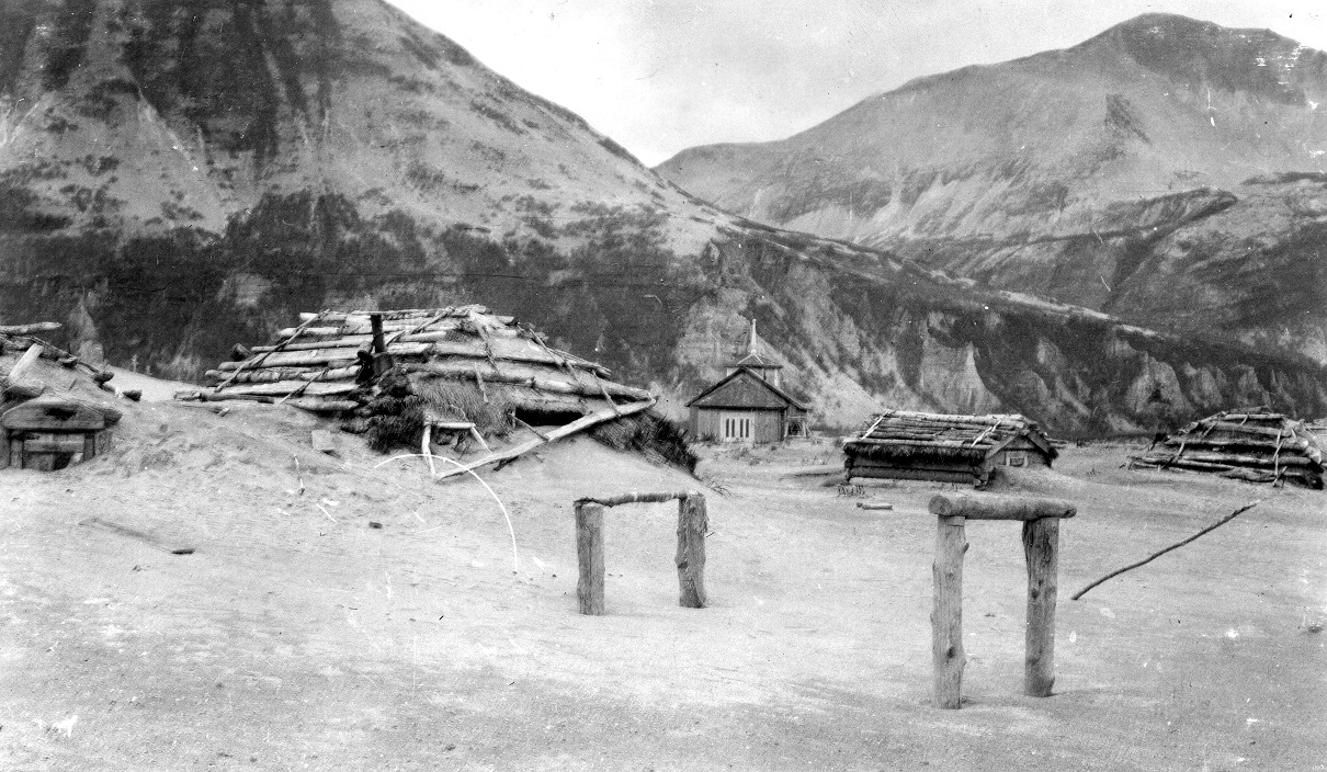 Native Alaskan homes near Katmai Village, Alaska, buried in volcanic ash and dust, June 7, 1912. (USGS)