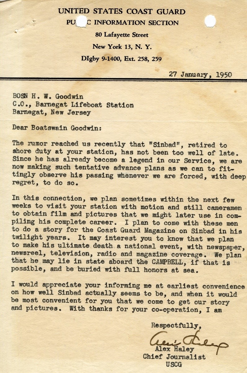 12.	Letter by Chief Journalist Alex Haley outlining plans for Chief Sinbad’s funeral. (U.S. Coast Guard)
