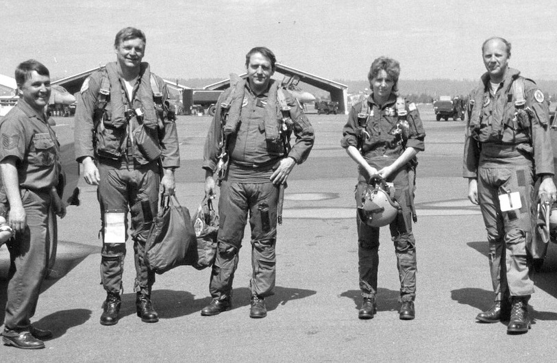 11.	Colleen Cain pictured at left with fellow female trainees at the flight school at Pensacola Naval Air Station. (U.S. Coast Guard)