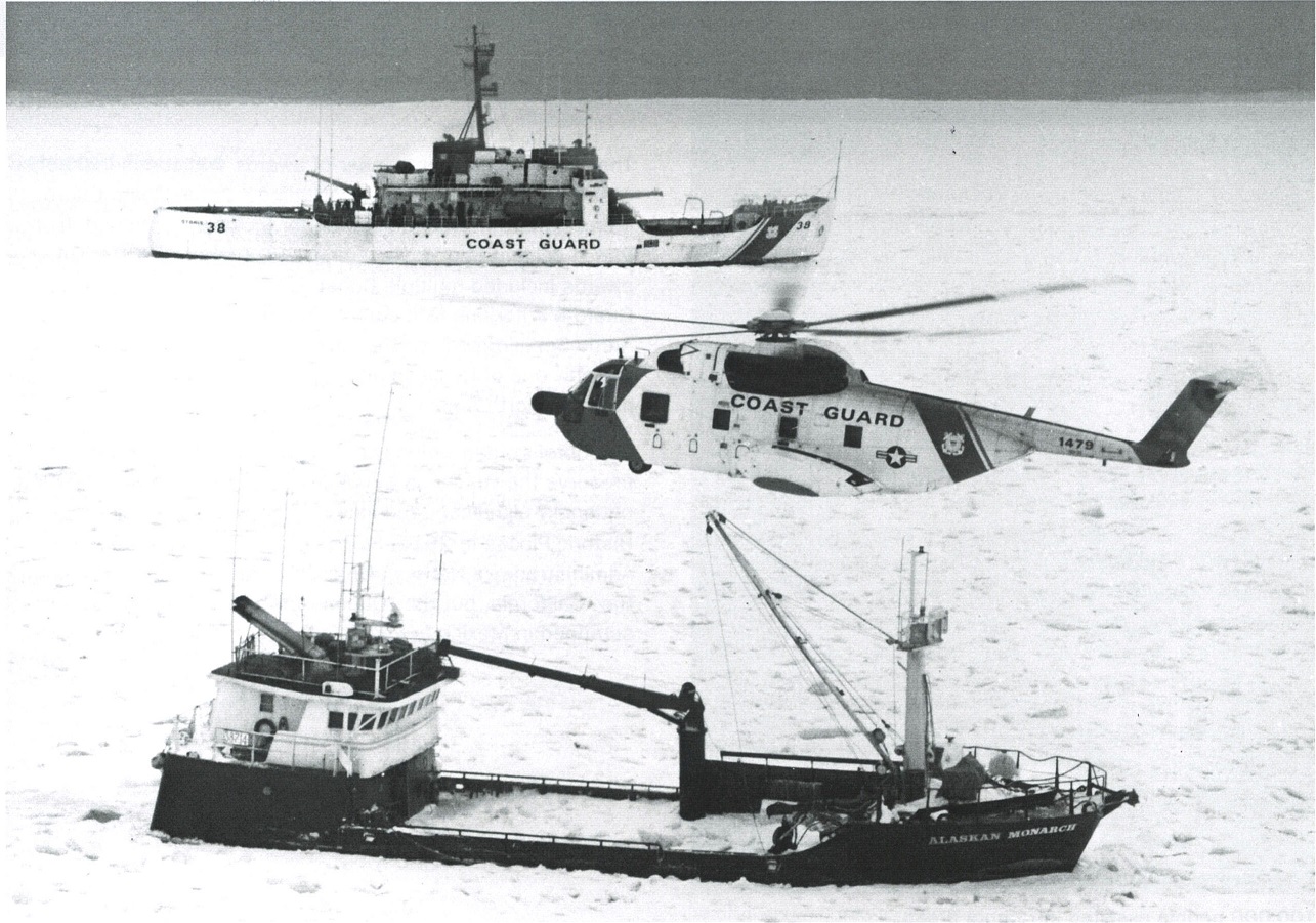 Black and White picture of the Alaskan Monarch rescue, that Lt. Laura Guth flew on receiving received the Air Medal for the rescue. (U.S. Coast Guard)