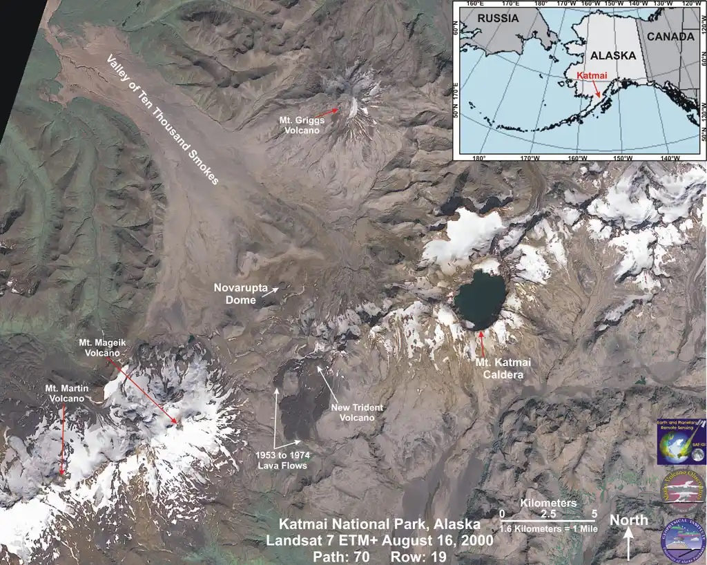 13. Satellite image of the blast area surrounding the Katmai caldera showing the devastation to the local area. (NASA) 13. Satellite image of the blast area surrounding the Katmai caldera showing the devastation to the local area. (NASA)