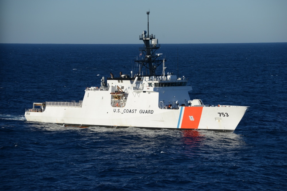 The Coast Guard Cutter Hamilton, a 418-foot Legend Class Cutter, arrives in Miami Nov. 11, 2014. The Hamilton is the Coast Guard's fourth National Security Cutter homeported in Charleston, S.C. (U.S. Coast Guard photo by Petty Officer 3rd Class Mark Barney)