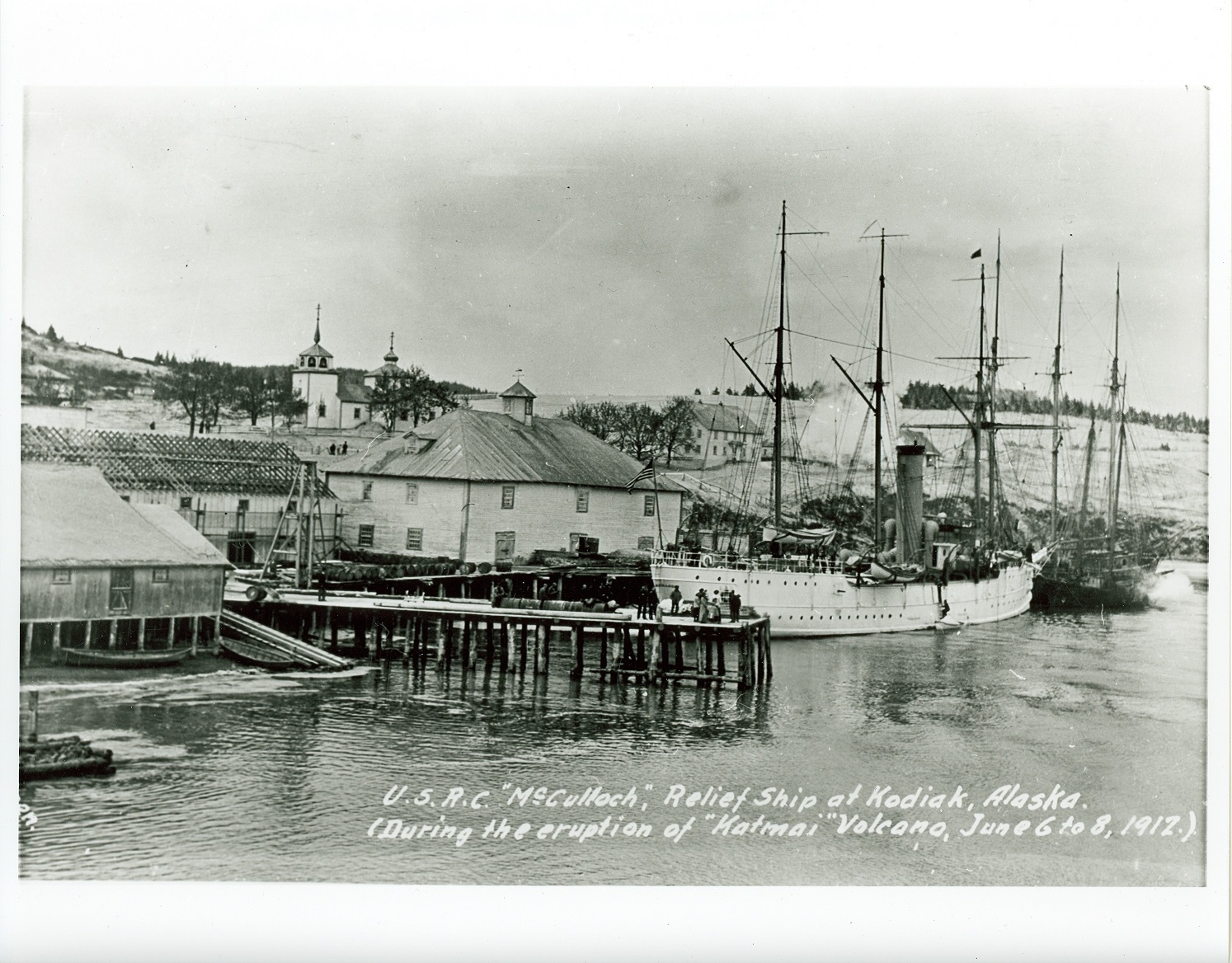 Similar in size and appearance to the Manning, Revenue Cutter McCulloch moored at Kodiak to provide humanitarian support after the volcanic eruption, June 6-9, 1912. (U.S. Coast Guard)