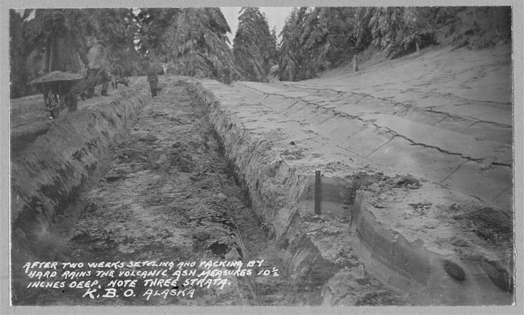 16.	After two weeks of settling and packing by hard rains, the volcanic ash still measured 10 and a half inches deep following the volcanic eruption, June 6-9, 1912. (Library of Congress)