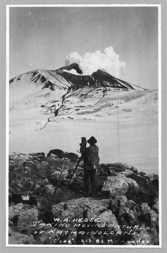 17.	Image of photographer W.E. Hesse taking “moving pictures” of the volcano after its historic eruption, June 6-9, 1912. (Library of Congress)