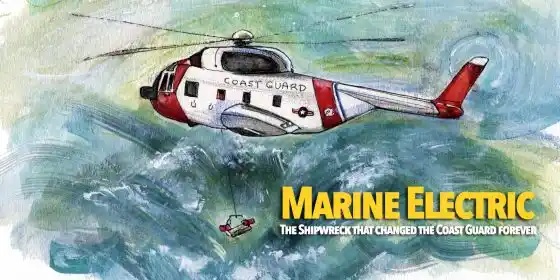 Artwork of the night the Marine Electric shipwreck and the incident’s lasting impact on the Coast Guard. The converted WWII-era ship capsized 30 miles off the Virginia coast on Feb. 12, 1983, and brought about drastic changes in the Coast Guard, including revamped marine safety procedures and the implementation of rescue swimmers. (U.S. Coast Guard illustrations by Petty Officer 2nd Class Corinne Zilnicki)