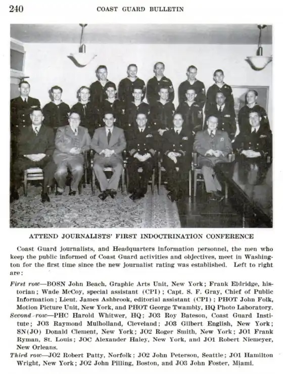 Now known as public affairs conferences, this image shows the first journalists’ indoctrination conference. (Coast Guard Bulletin) 