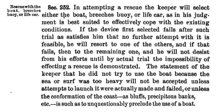Section 252 of the 1899 U.S. Life-Saving Service Regulations, Action at Wrecks, which mandates a rescue attempt. (Copy courtesy of the author)