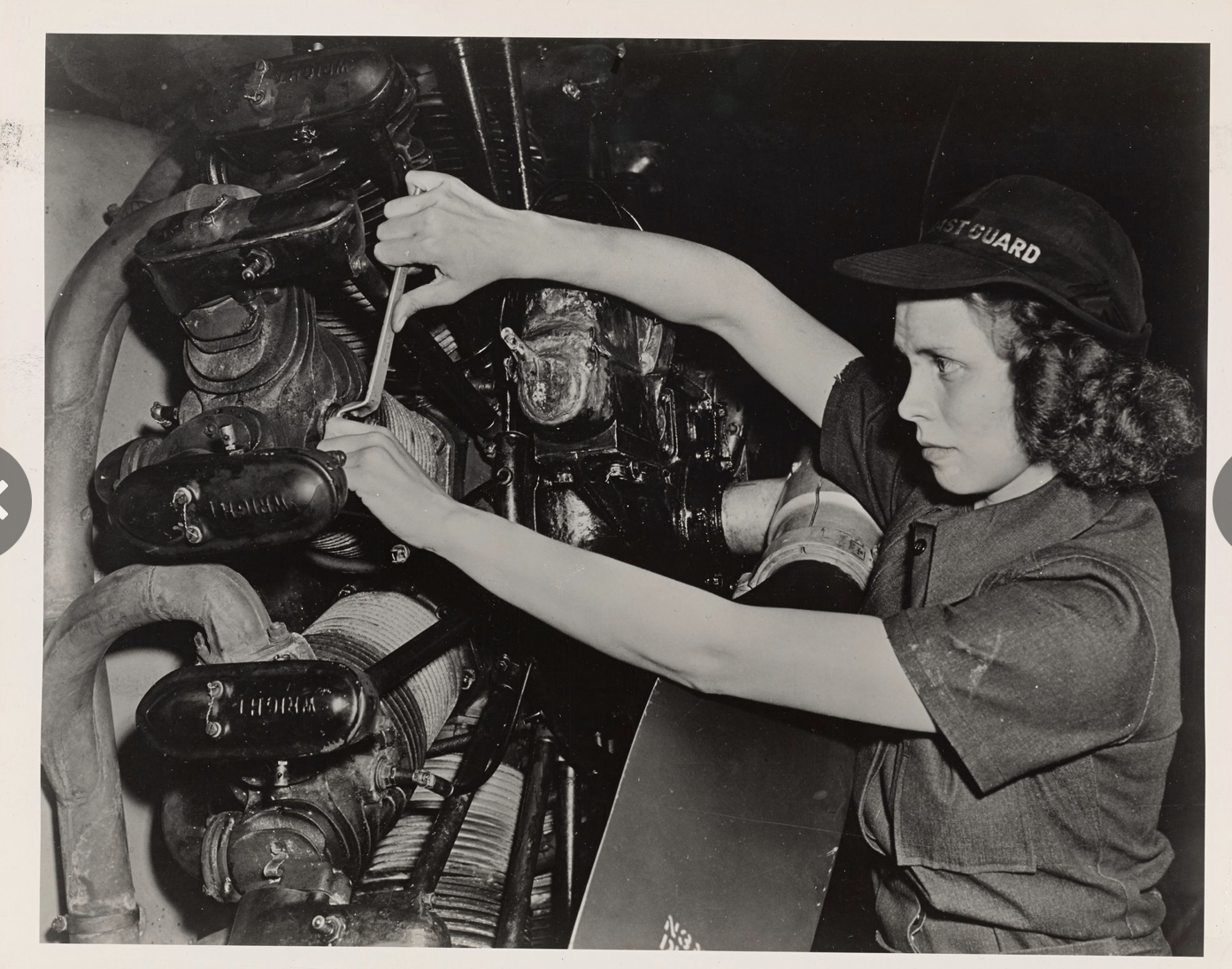 SPAR aviation mechanic Evelyn Doell working on the radial engine of a Coast Guard fixed-wing aircraft during World War II. (National Archives) SPAR aviation mechanic Evelyn Doell working on the radial engine of a Coast Guard fixed-wing aircraft during World War II. (National Archives)