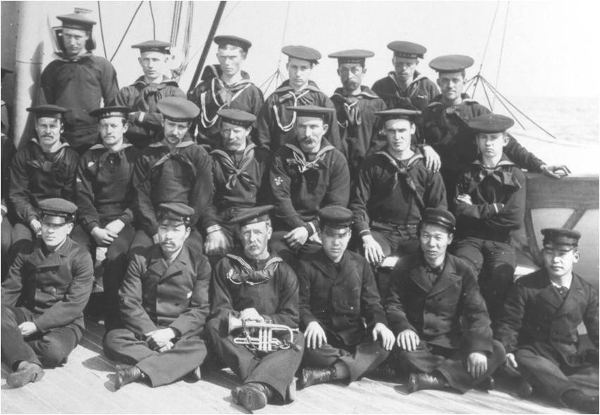A rare photo showing Asian personnel on board Cutter Bear. These men began to serve on West Coast cutters in the mid-1800s. (Coast Guard Collection)