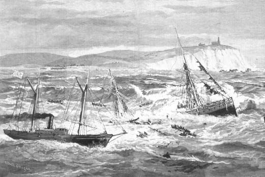 Engraving of the City of Columbus disaster. The responding Revenue Cutter Dexter is pictured to the left of the wrecked steamship. (Courtesy of Wikipedia)