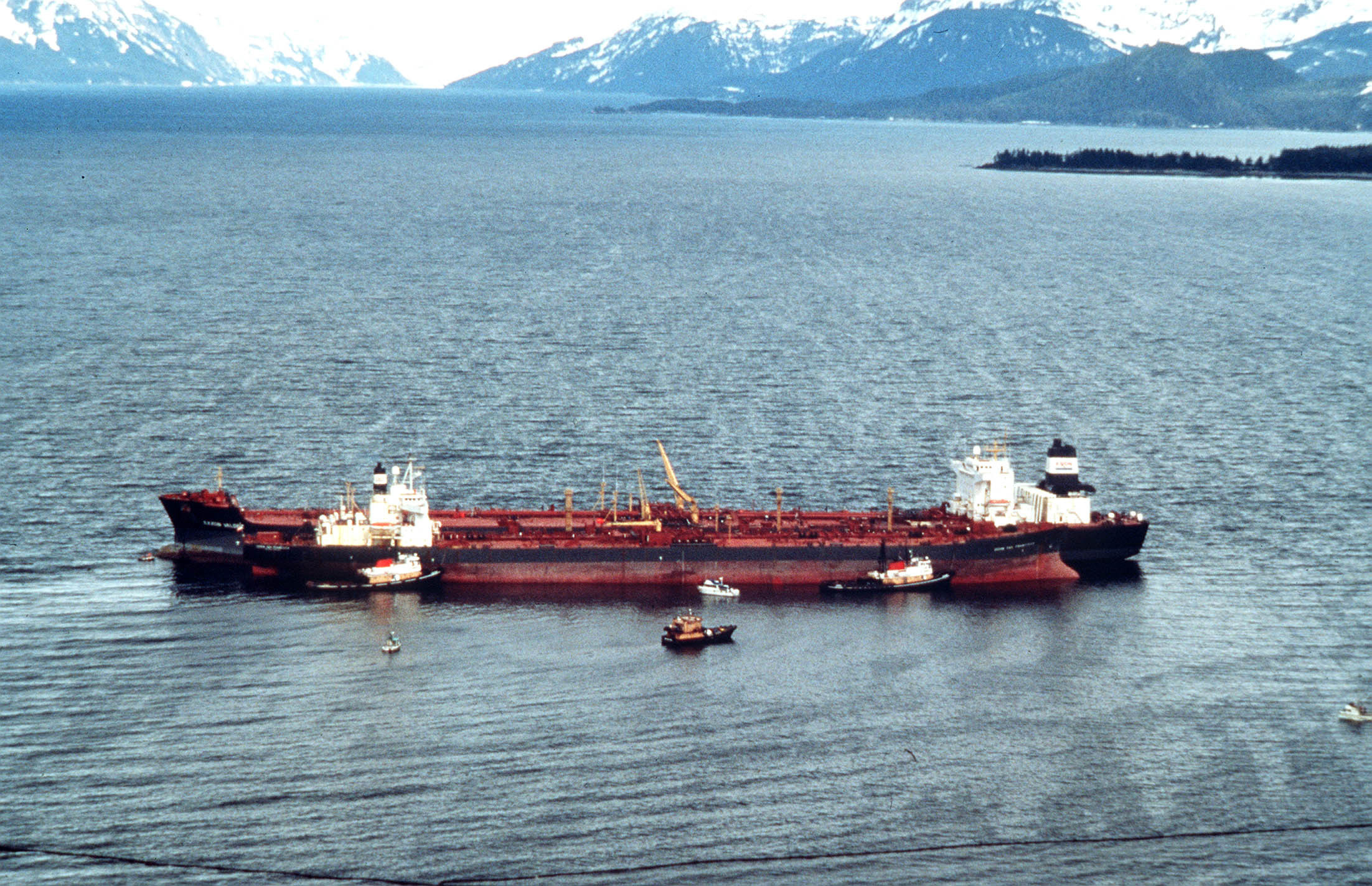 The tanker Exxon Valdez in 1989 after it ran aground in Prince William Sound, Alaska, spilling 15 million gallons of crude oil. (U.S. Coast Guard)