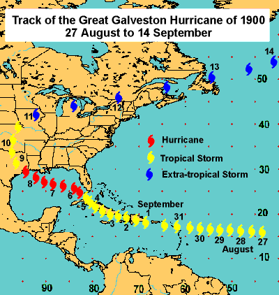 Chart showing the track of the Great Galveston Hurricane of 1900. (Library of Congress)