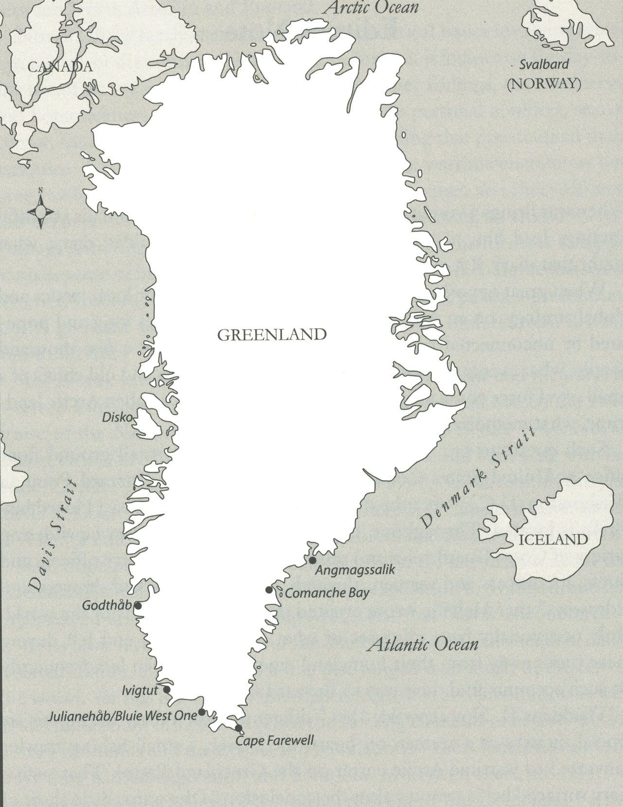 1.	This chart shows the land mass of Greenland, whose coasts were largely icebound during World War II. (From Life and Death on the Greenland Patrol, 1942, by Thaddeus Novak)