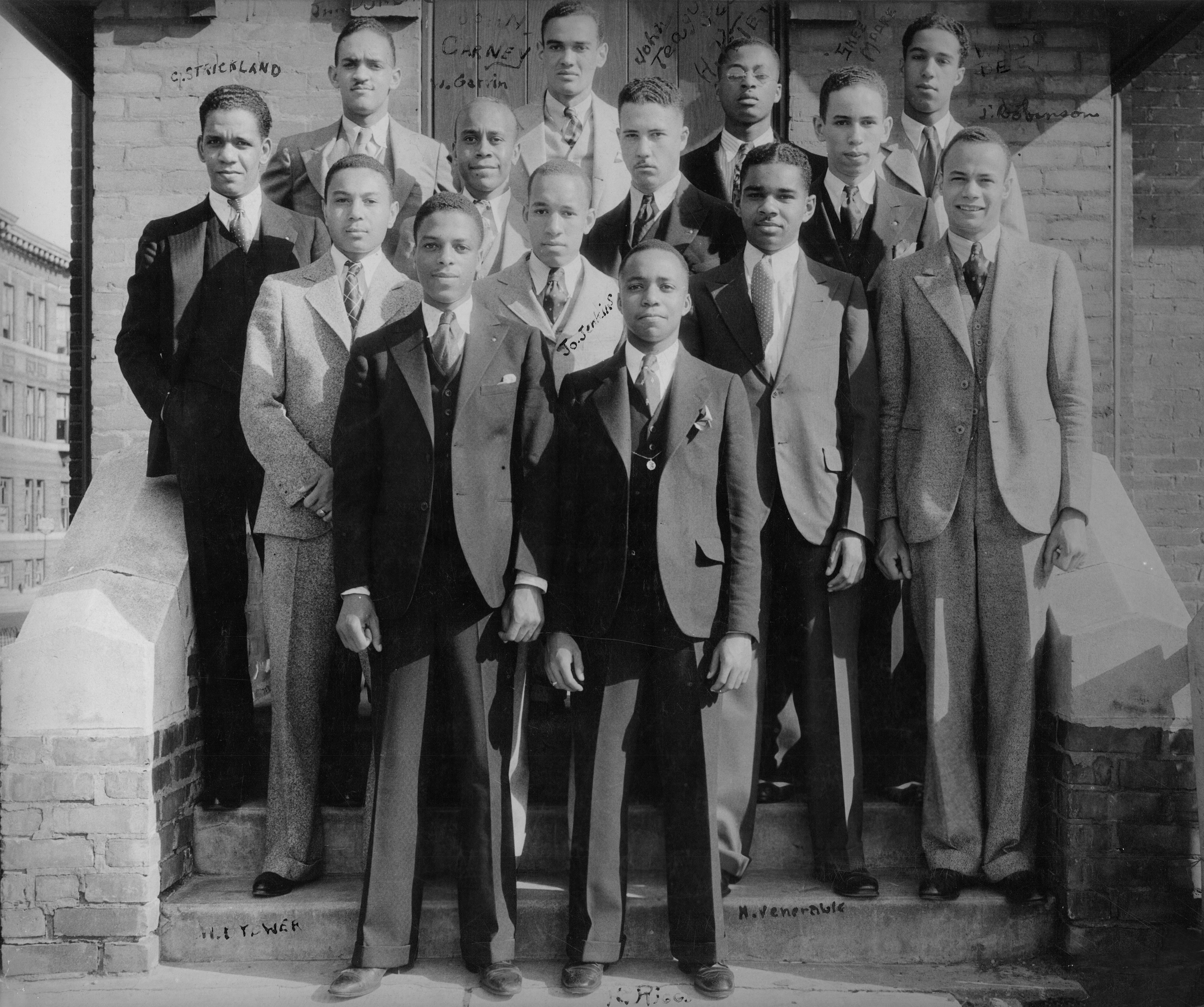 1.	A 1932 photo of 18-year-old Joseph Jenkins (second row, middle) with his Alpha Phi Alpha Fraternity brothers. (photo courtesy of the Jenkins Family)