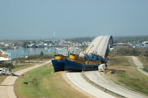 Storm surge and high water brought destruction to the Lower Mississippi River and its shipping channel. (U.S. Coast Guard)