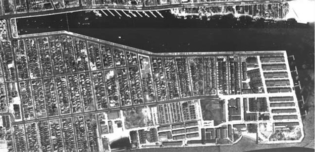 Manhattan Beach Training Center in 1950 after it transferred to Air Force control. The buildings and barracks remain unchanged from their World War II Coast Guard configuration. (Kingsborough Community College webpage)