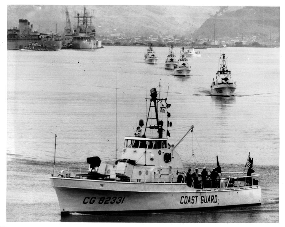 The 82-foot patrol boats of Squadron One (RONONE) deploying from Subic Bay in the Philippines to the theater of operations in Vietnam. (U.S. Coast Guard)